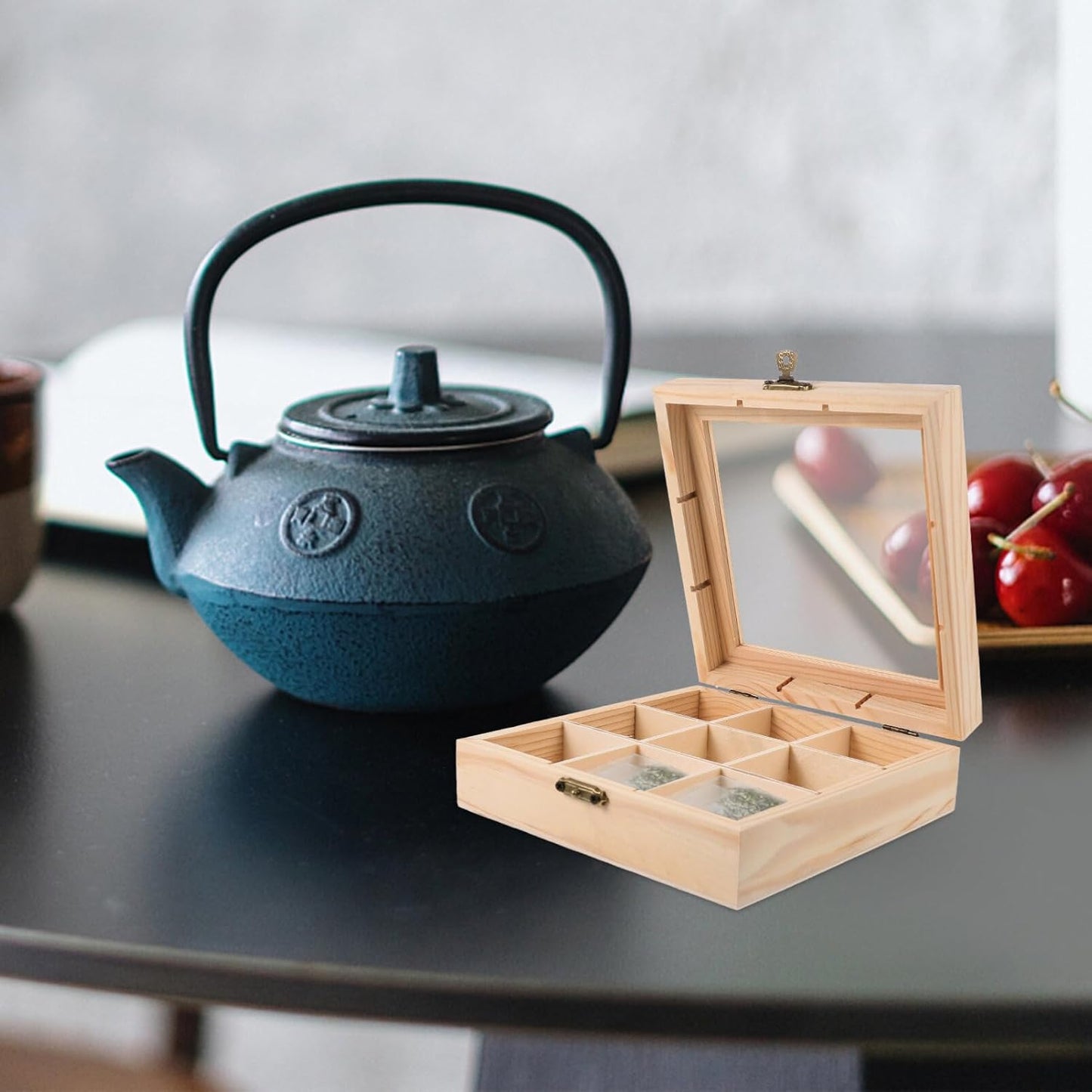Ciieeo Wood Tea Storage Organizer with Clear Acrylic Top, 9 Compartments for Tea Bag Storage