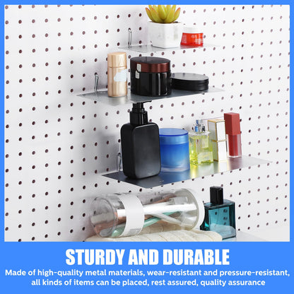 Funrous 4 Pack Pegboard Shelves Wall Organizer Peg Board Shelf Brackets Steel Tray Pegboard Accessories Organizing Tools for Craft Room Home Garage Nursery Workbench Kitchen(Mixed Sizes,Silver)
