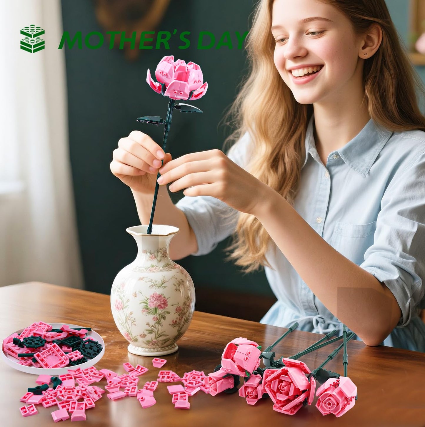Pink Rose Flower Building Set-10pcs Roses & 2pcs Leaves Botanical Collection, Artificial Flowers for Home Décor, Rose Bouquet Building Kit for Valentine’s Day Christmas Birthday Anniversary (No Vase)