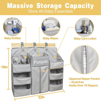 Funyoo Baby Hanging Diaper Organizer for Changing Table and Crib - Holds 70+ Diapers & Essentials, Heavy Duty Stacker Storage for Playard, 22.4" L x 18.1" W x 5.9" H
