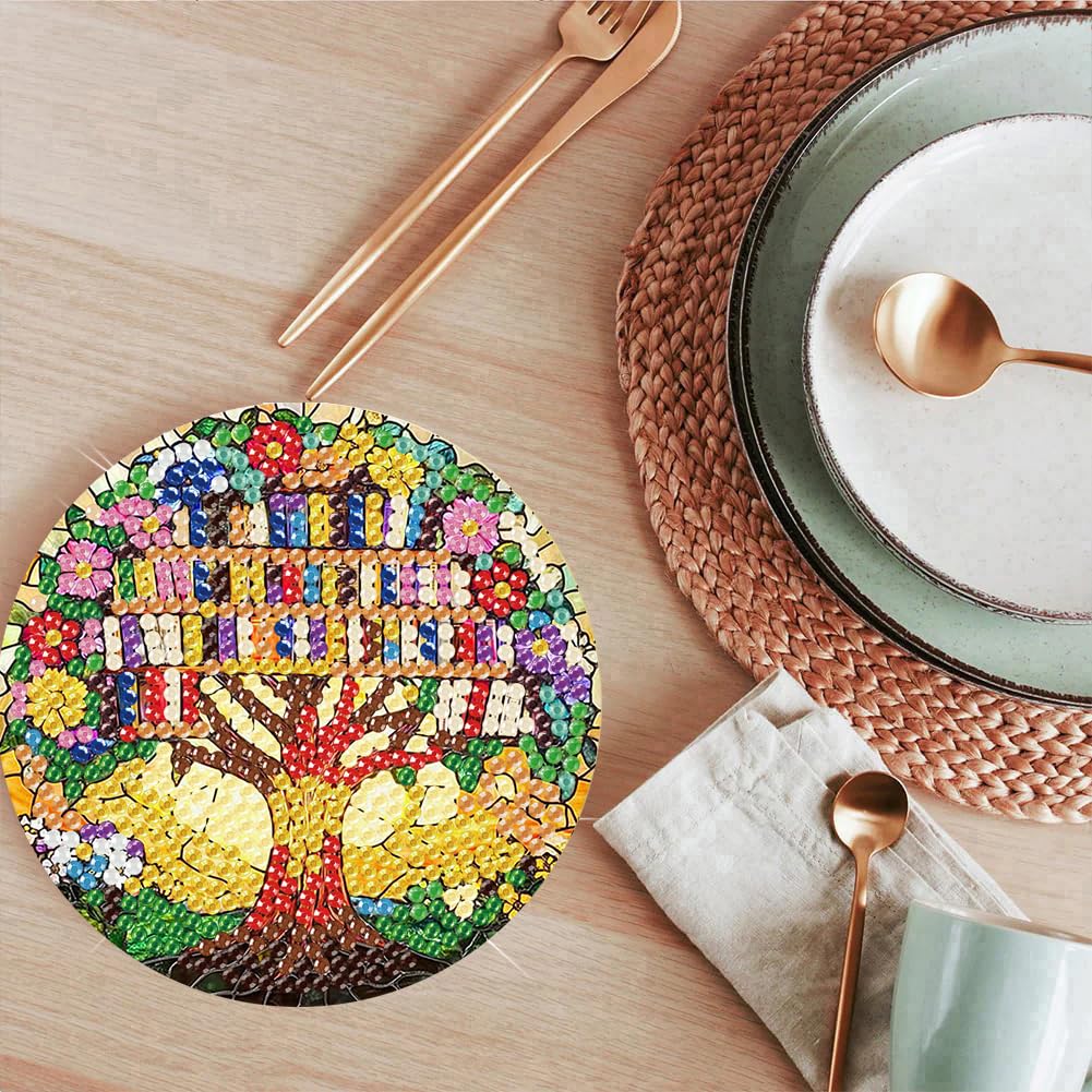 ijbnhd 8 Pcs Diamond Art Coasters Kits, Tree of Life Diamond Painting Coasters Kit with Holder, Diamonds Art Non Slip Coaster Crafts Kits for Adults Gifts 4x4 inch (Cork Wooden Pad)