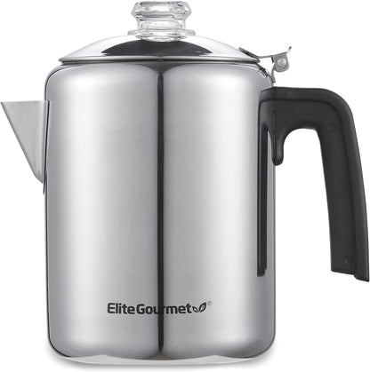 Elite Gourmet EC008 Classic Coffee Percolator, 8-Cup, Stainless Steel, Glass Knob, Cool-Touch Handle