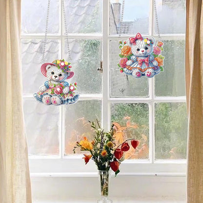 2 Pcs Diamond Painting Hanging Ornaments – Cute Teddy Bear Doll Design with Floral Patterns, DIY Acrylic Craft Kit for Home Decoration, Gifts & Crafts