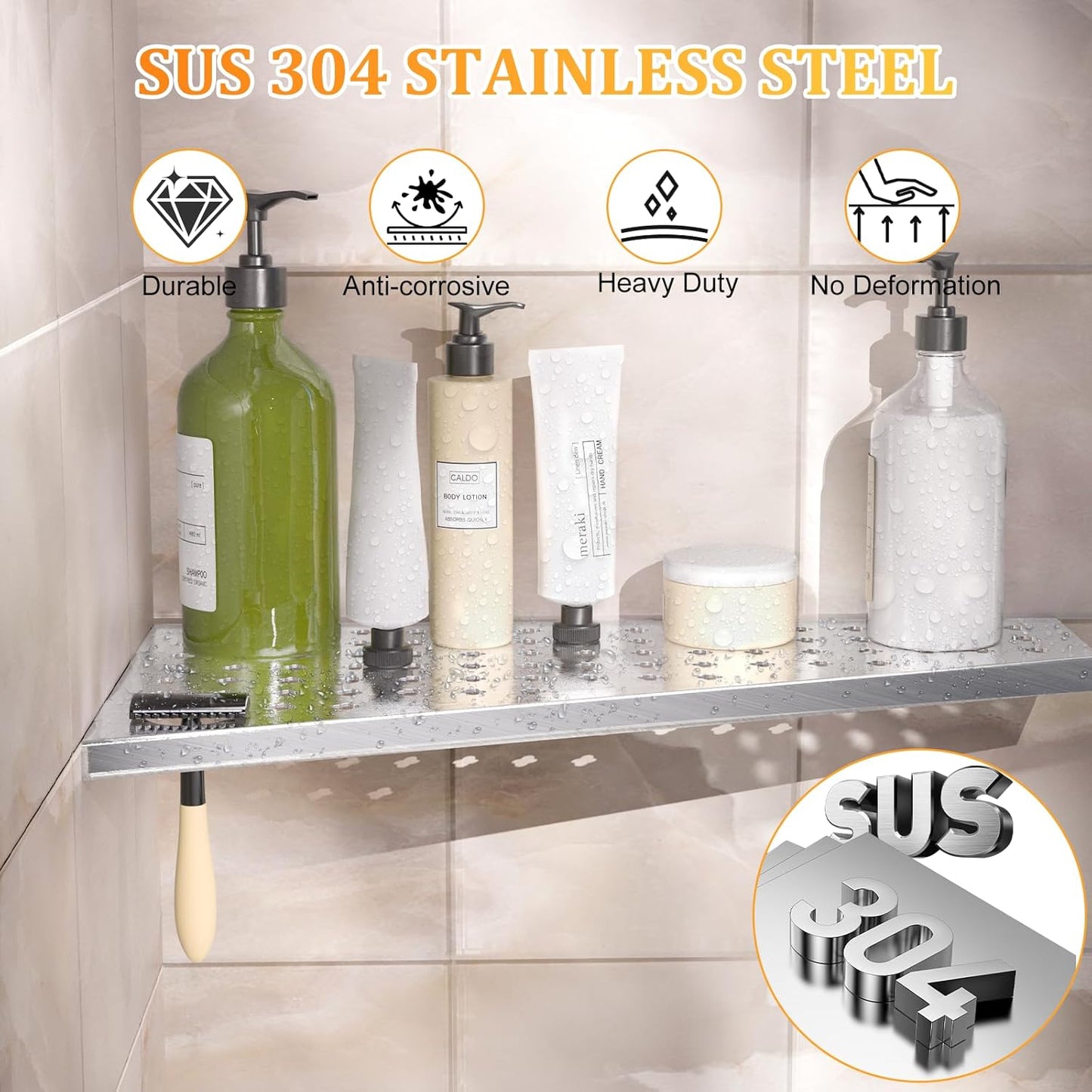 mivndeeopu 12" 2-Pcs, 304 Corner Shower Shelf Rustproof Stainless Steel Corner Shower Shelves with Razor Holder Slot