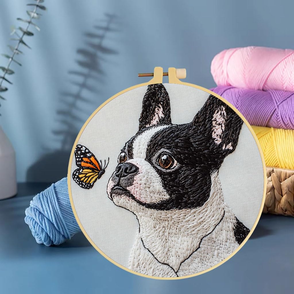 Punch Needle Kits Boston Terrier Dog and Butterfly Embroidery Starter Set with Hoop Easy for Beginners DIY Stress Relief Handmade Craft Hobby and Home Decor 20x20cm-3