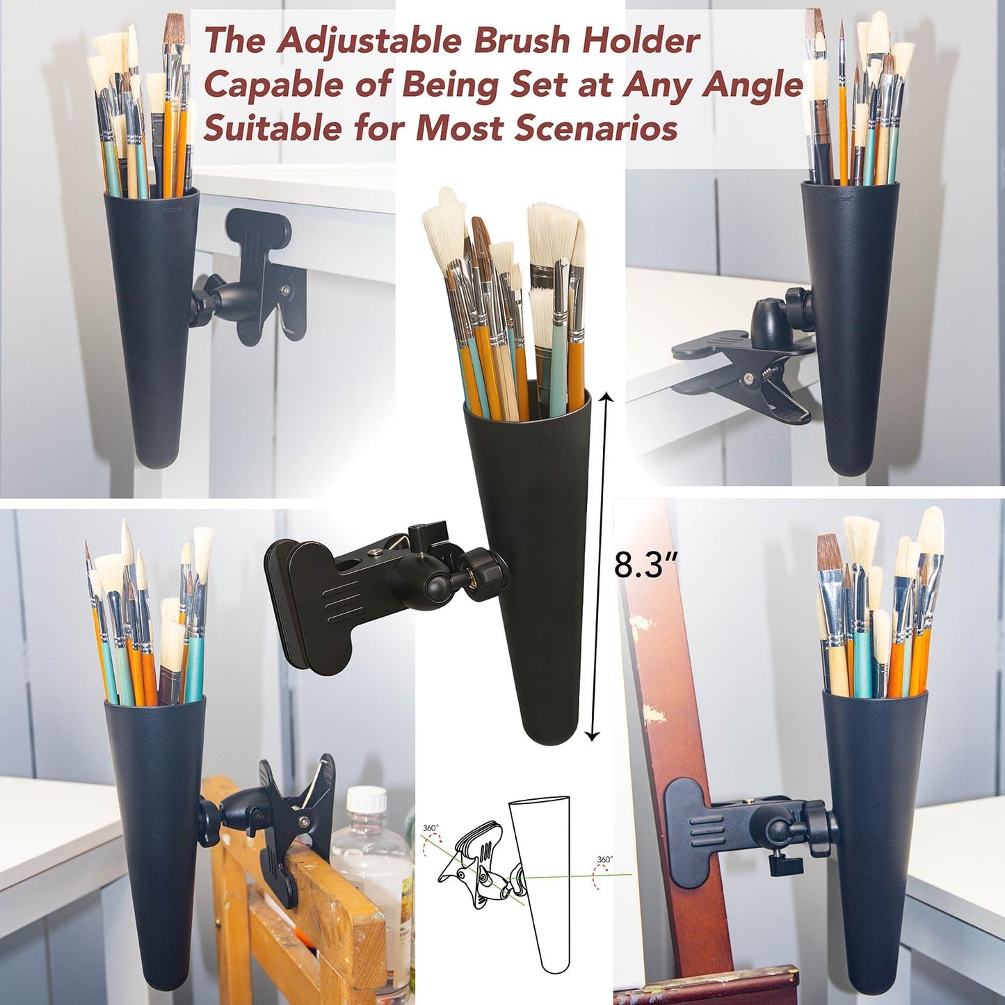 14 Paint Brushes Set with Brush Holder, Includes Hog Bristle & Weasel Hair Brushes for Oil, Acrylic, and Watercolor, Rotating Metal Clamp Convenient Storage and Positioning During Painting