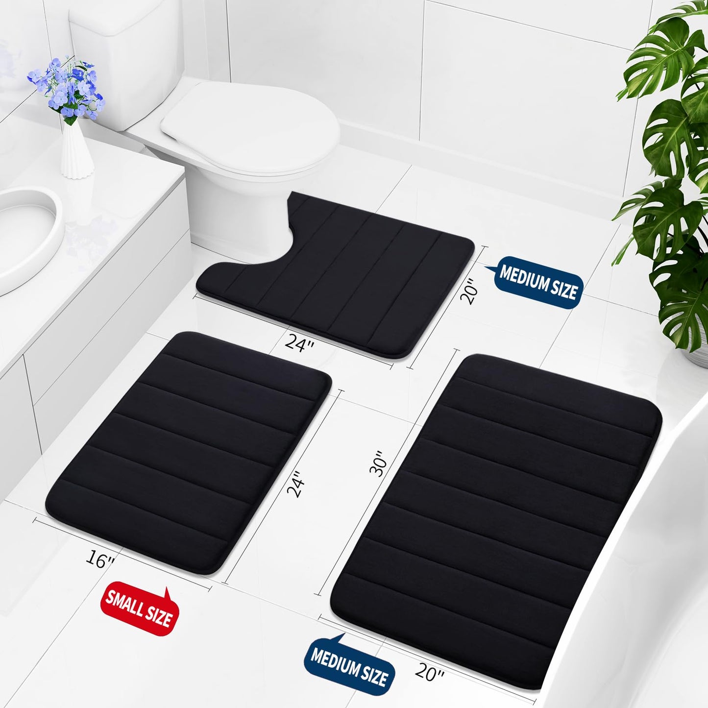 Buganda Memory Foam Bath Mat, 34" x 20", Ultra Soft and Non-Slip Bathroom Rugs, Water Absorbent and Machine Washable Bath Rug for Bathroom, Shower, and Tub, Black