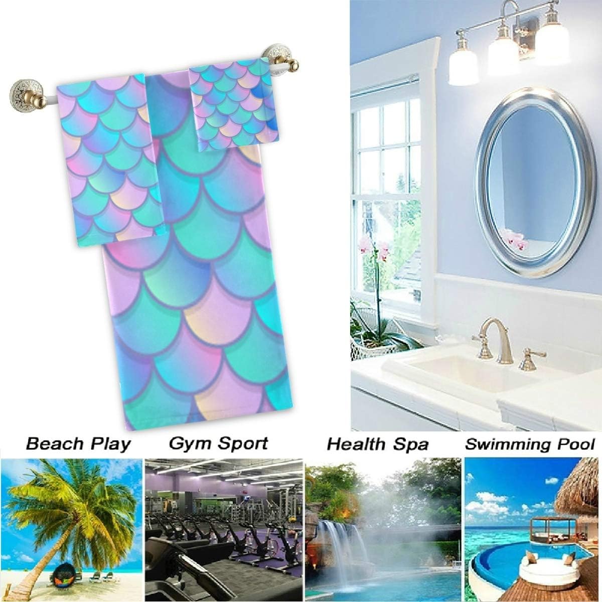 Naanle Set 3 1 Towel+1 Towel+1 Colors Mermaid Scales Pattern Soft Luxury Decorative of Towels, Bath Hand Washcloth
