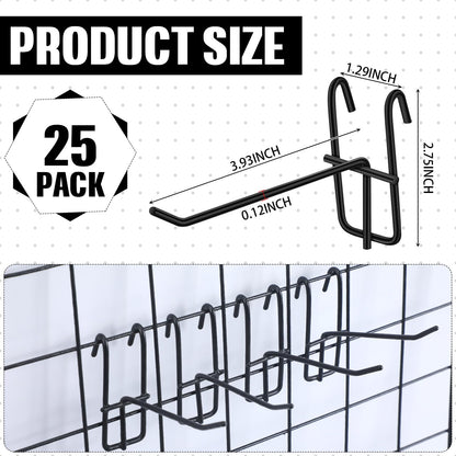 Moxweyeni 4 Inch Grid Wall Hooks 25 Pcs Gridwall Panel Hooks Store Garage Wall Mount Organizers Storage Grid Display Hangers for Retail, Craft Show, Home Setup, Customized Display (Black)
