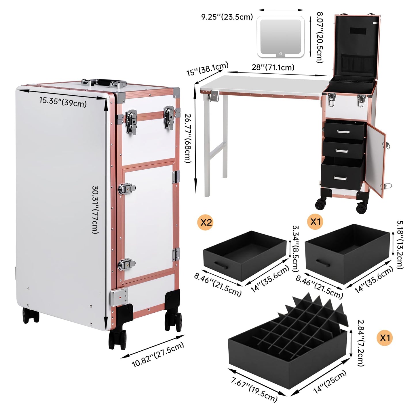 Rolling Portable Manicure Table with 3 Drawers, Lockable Makeup Train Case with Detachable Mirror, Foldable Nail Desk with Wheels & Handle, Mesa de Uñas Profesional para Nail Techs & Salon Use, White