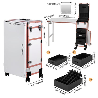 Rolling Portable Manicure Table with 3 Drawers, Lockable Makeup Train Case with Detachable Mirror, Foldable Nail Desk with Wheels & Handle, Mesa de Uñas Profesional para Nail Techs & Salon Use, White