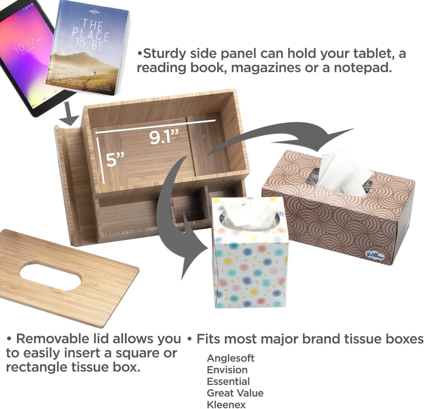 Bamboo Tissue Box Holder & Tablet Stand Organizer - Compartments for iPad, Phones, Remote Controls, Notepads, Pens