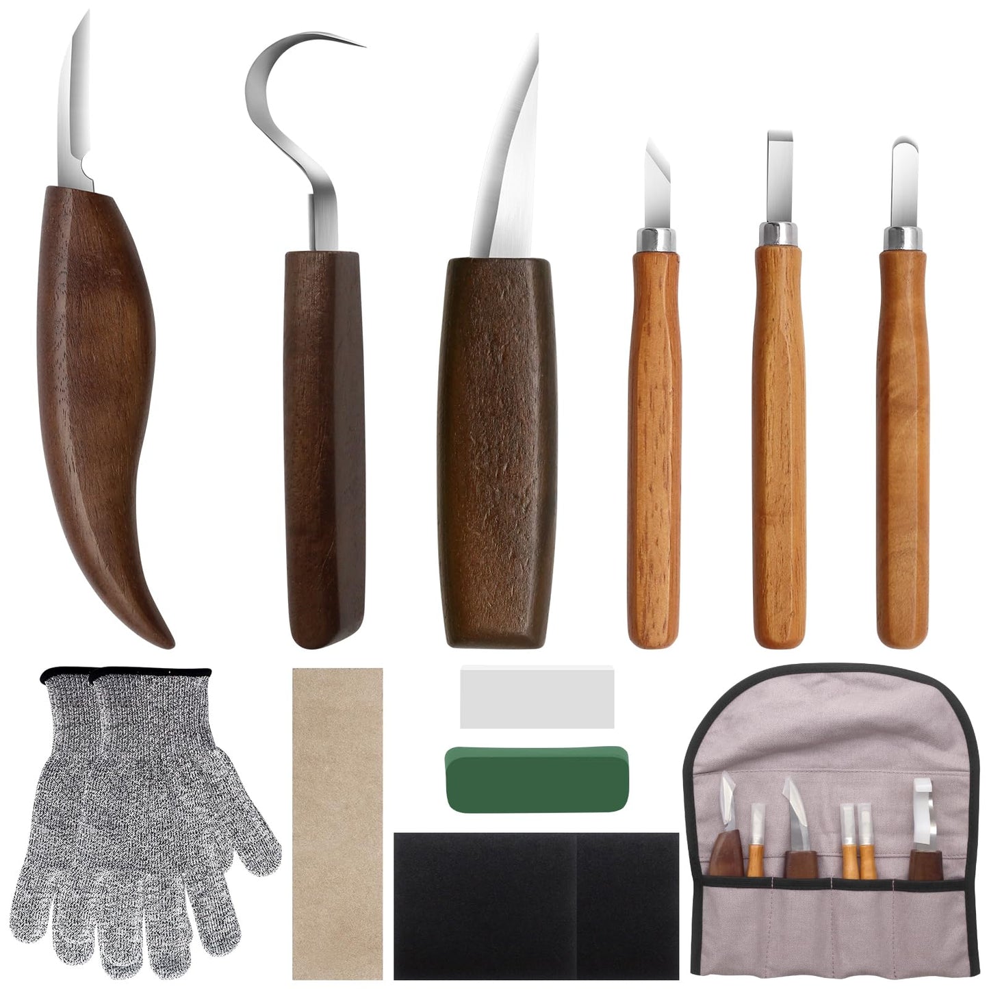 12-Piece Wood Carving Tool Set with Hook Knife, Detail Knife, Chipping Knife, Cut-Resistant Gloves, Sandpaper & Sharpening Strop – Complete Carving Kit with Carrying Bag for Beginners & Professionals