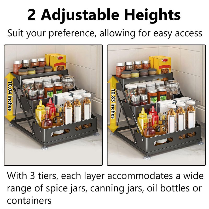 Ceetug 3 Tier Foldable Spice Rack for Countertop Iron Kitchen Seasoning Organizer for Cabinet, Black