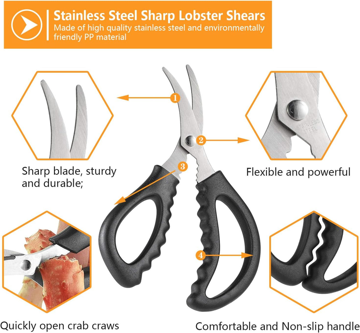 4PCS Seafood Scissors - Stainless Steel Crab Scissors for Kitchen, Multifunctional Tools for Fish, Crab, Shrimp, Lobster