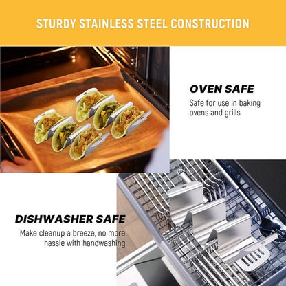 (Set of 4) Taco Holder Rack with Handle, 3 Slot Wave Stainless Steel Taco Stand for Hard & Soft Shell, For Family Party, BBQ & Taco Tuesday