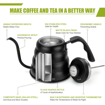 Tea Kettle with Thermometer Pot Black Stovetop Tea Kettle 40oz Gooseneck Kettle Teapot Pour Over Coffee Kettle with Thermometer,1200ml,5 Cup,Black,1Pack