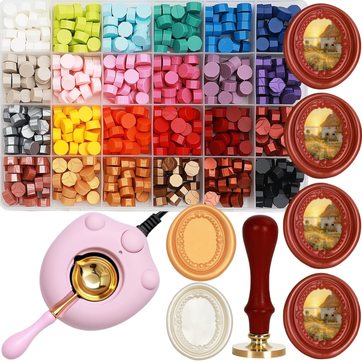 Frame Wax Stamp Kit, Electric Wax Seal Warmer Set with 624Pcs Sealing Waxs Beads, 3D Embossed Frame Relief Carve Stamps Waxing, Gold Pen, Tweezer (Set03)