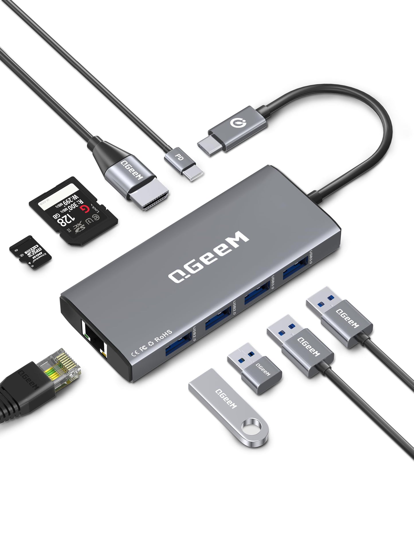 QGeeM USB C Hub Ethernet,9 in 1 USB Type C Hub HDMI Multi-Port Converter Adapter,100W Pd, USB 3.0,SD/TF Card Reader,Compatible for MacBook Pro Air Ipad HP Dell Lenovo Chromebook etc.