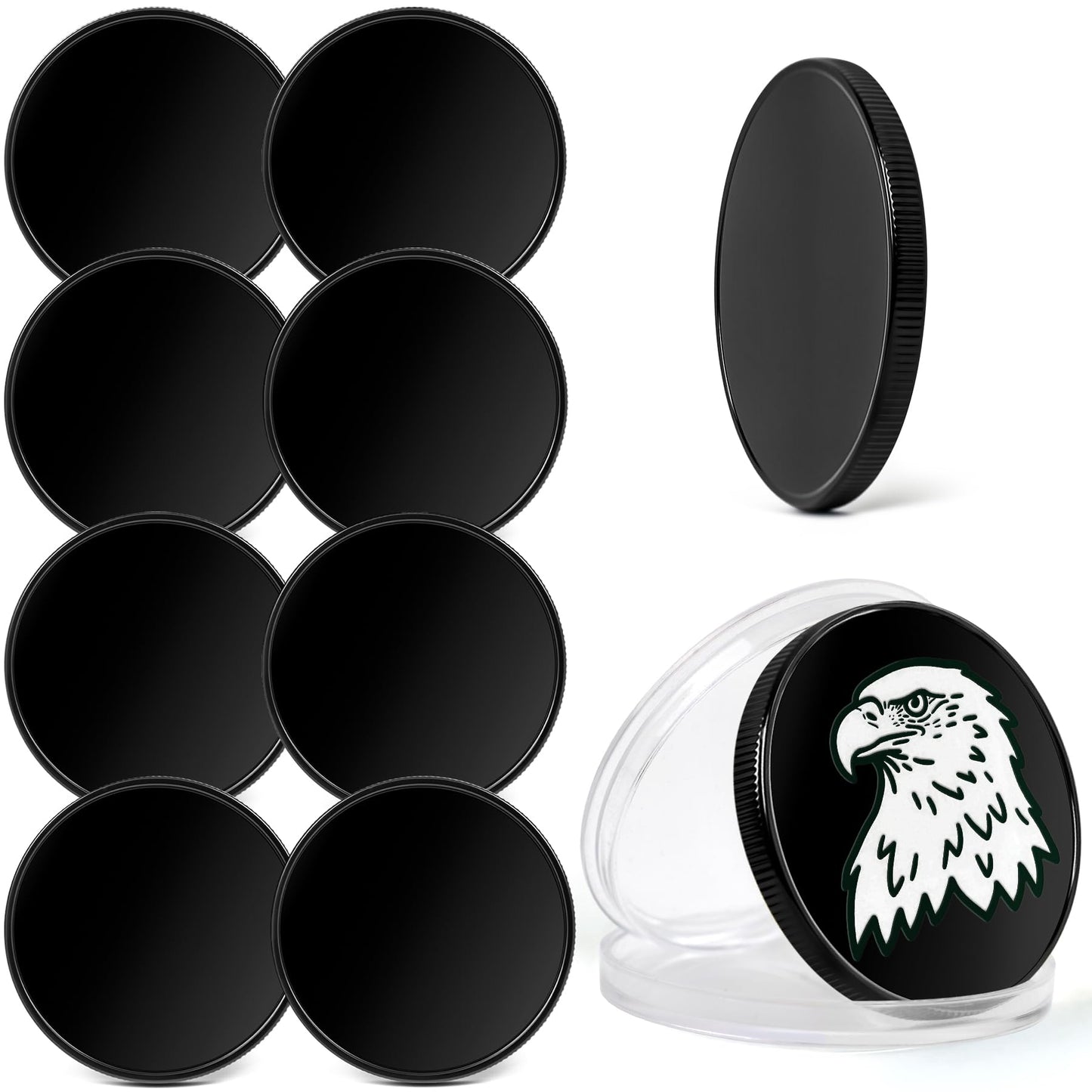 10pcs Blank Challenge Coins, Black 40mm Engraving Blanks Coins, Suitable for Laser Engraving, Metal Stamping, and DIY Hand Engraving, Supports Color Printing, Includes Acrylic Protective Case