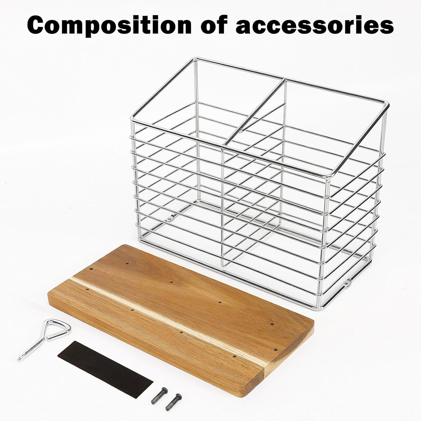Utensil Holder for Kitchen Counter, Metal Rack for Cooking Tools Storage, Sturdy Base with Drainage Hole (Chrome Wooden)