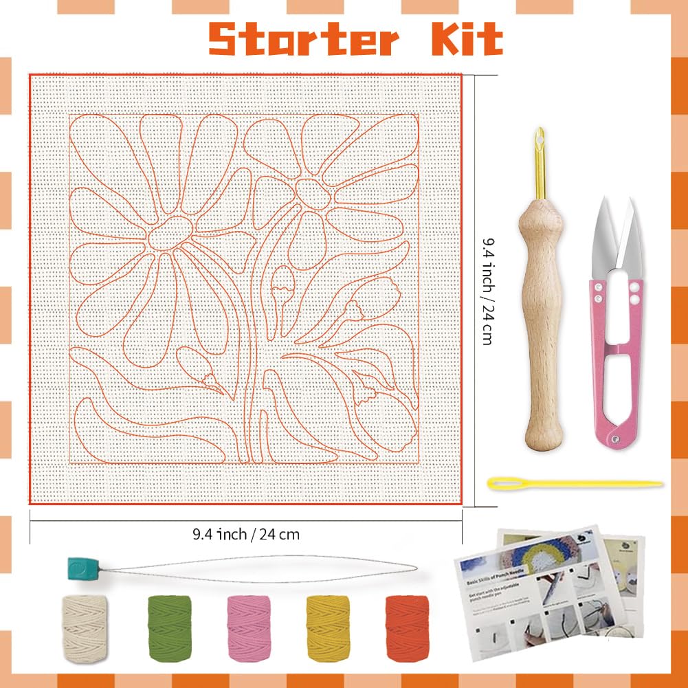 BEUNITONE Flower Beginners Punch Needle kit Handcraft Embroidery Starter Kits for Adults Punch Stitching Kit with Instruction, Threader, Needle and Square Punch Needle Frame for Wall Decor 9.4''x9.4''