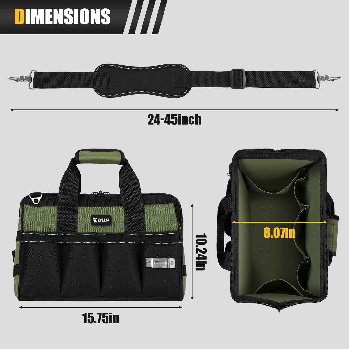 UUP Heavy Duty Tool Bag 15-Inch, 16-Pocket Portable Empty Tool Box Organizer, Big Storage Toolbox Organization, Soft Handle Large Zipper Carrying Toolbag, Father Day Gifts for Him Dad Men, Green