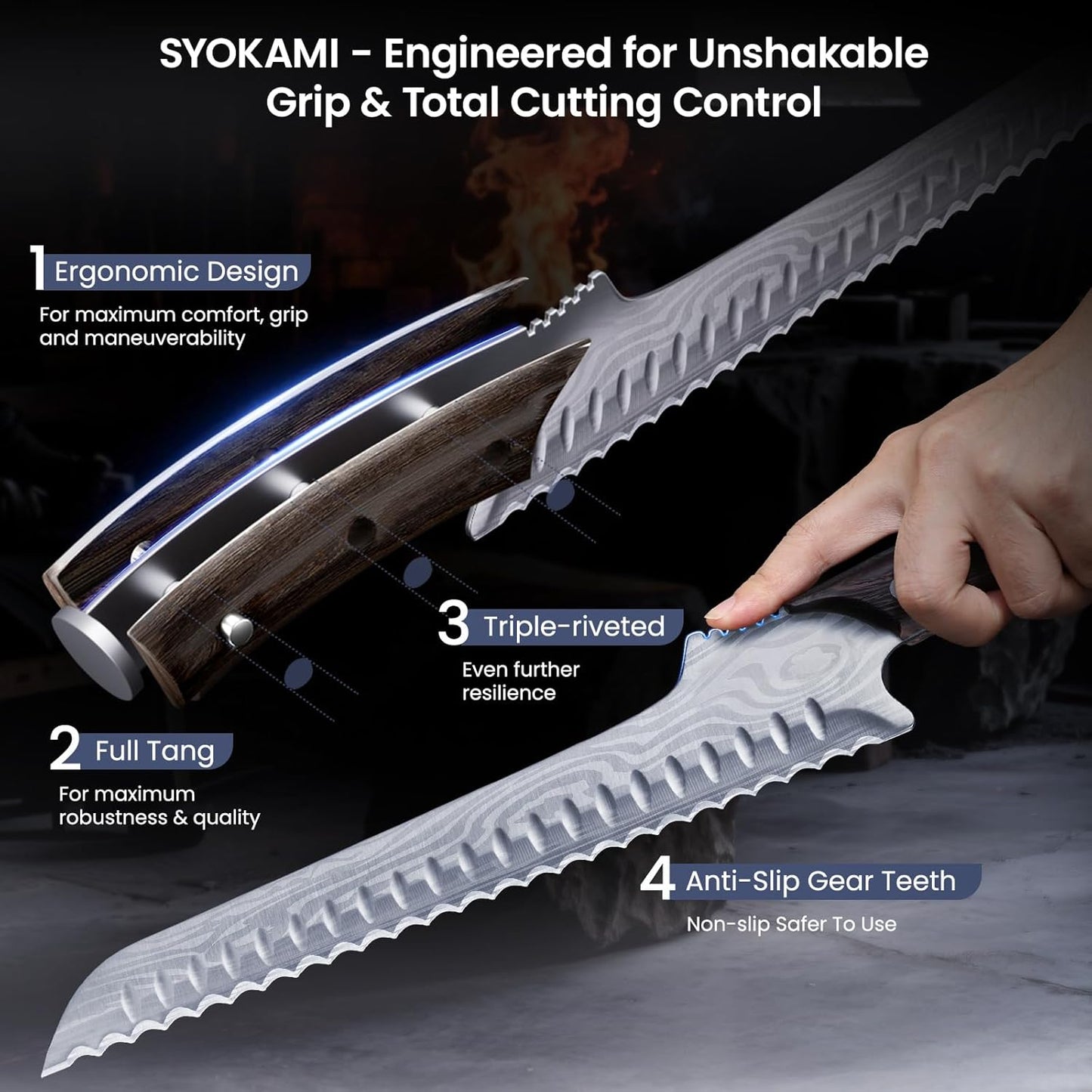 2026 Offset 10.5 Inch SYOKAMI New Upgraded Bread Knife for Homemade Bread, Resharpenable Serrated Knife, Ultra-Sharp