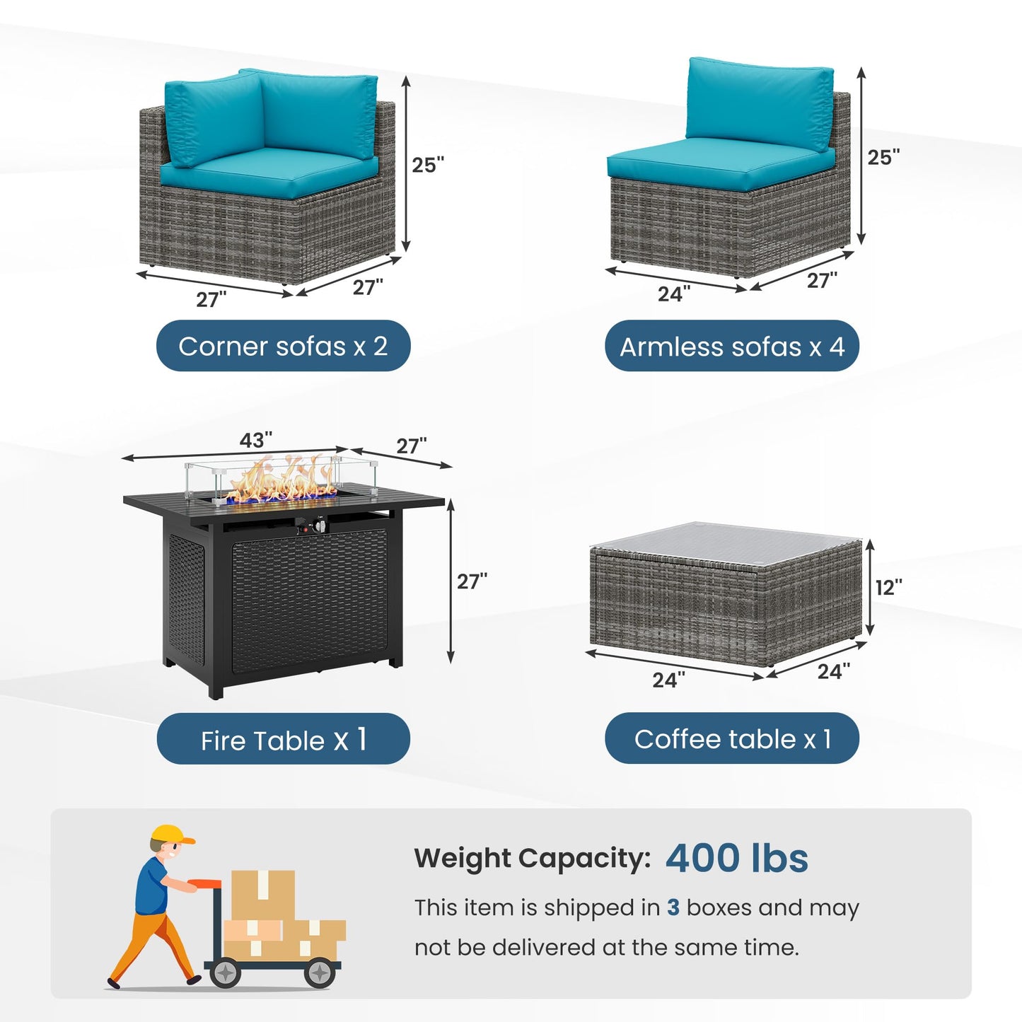 8 Pieces Outdoor Patio Furniture Set with 43" Fire Pit Table, Wicker Outdoor Patio Sectional Sofas with Cushions and Coffee Table, All-Weather Patio Conversation Set for Garden Backyard, Light Blue