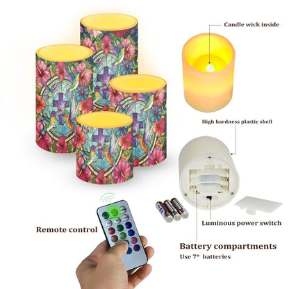 Cozeyat Cross Hummingbird Floral LED Candles Set of 4 Battery Powered Flameless with Remote Timer Flickering Waterproof for Indoor Outdoor Table Garden Birthday Decor