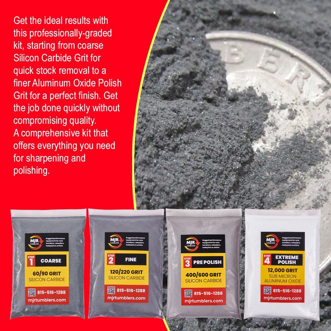 MJR Tumblers Rock Tumbler Grit Kit Refill for 15lb Tumblers, 4 Step Silicon Carbide & 12,000 Grit Aluminum Oxide Polish, Stone Polishing Kit for Rotary & Vibratory Rock Tumblers