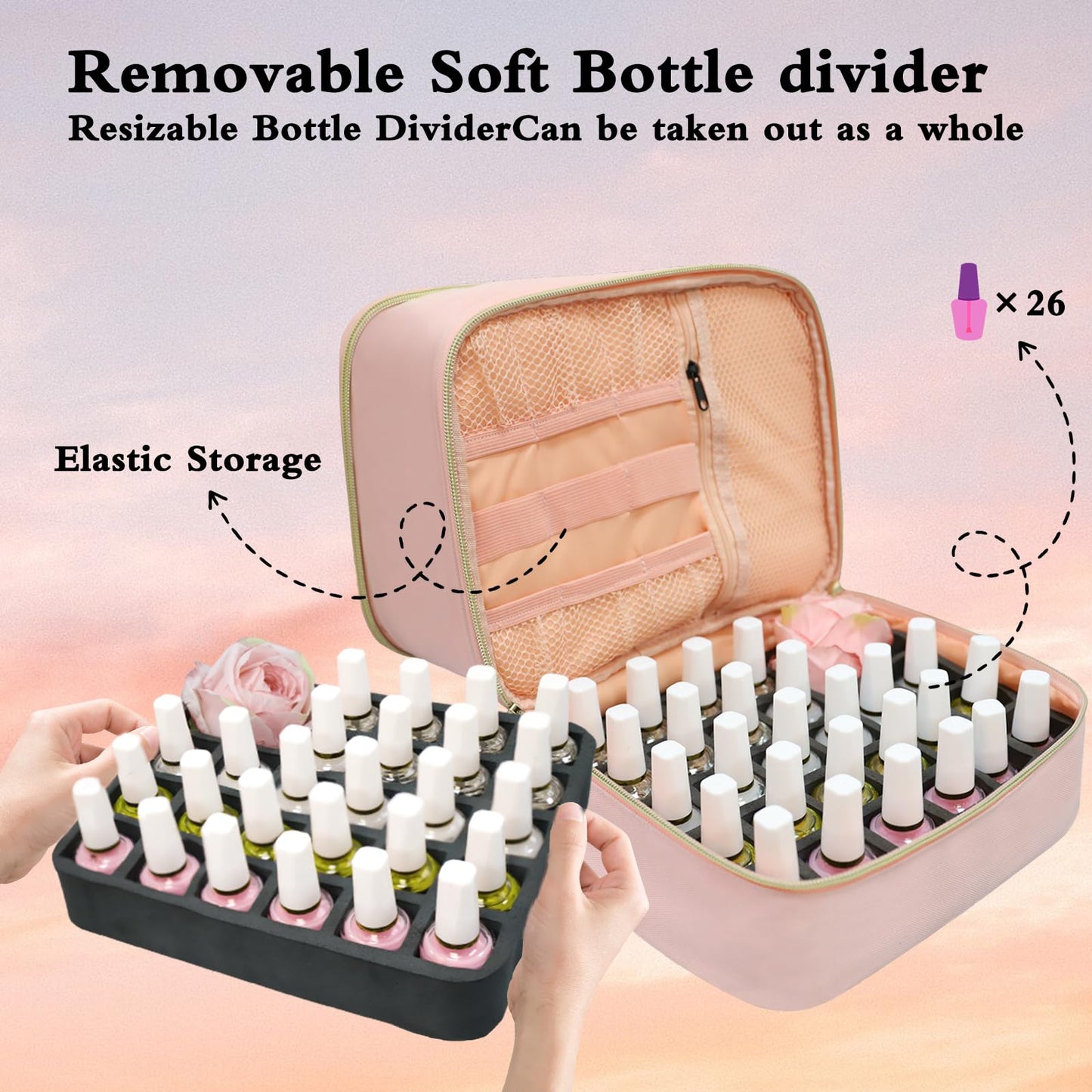 Nail Polish Organizer Case, Double-Layer Storage Holds 30 Bottles + UV LED Nail Lamp, Professional Manicure Kit Carrying Bag with Removable Dividers, Portable Travel Nail Art Supplies Organizer (Pink)