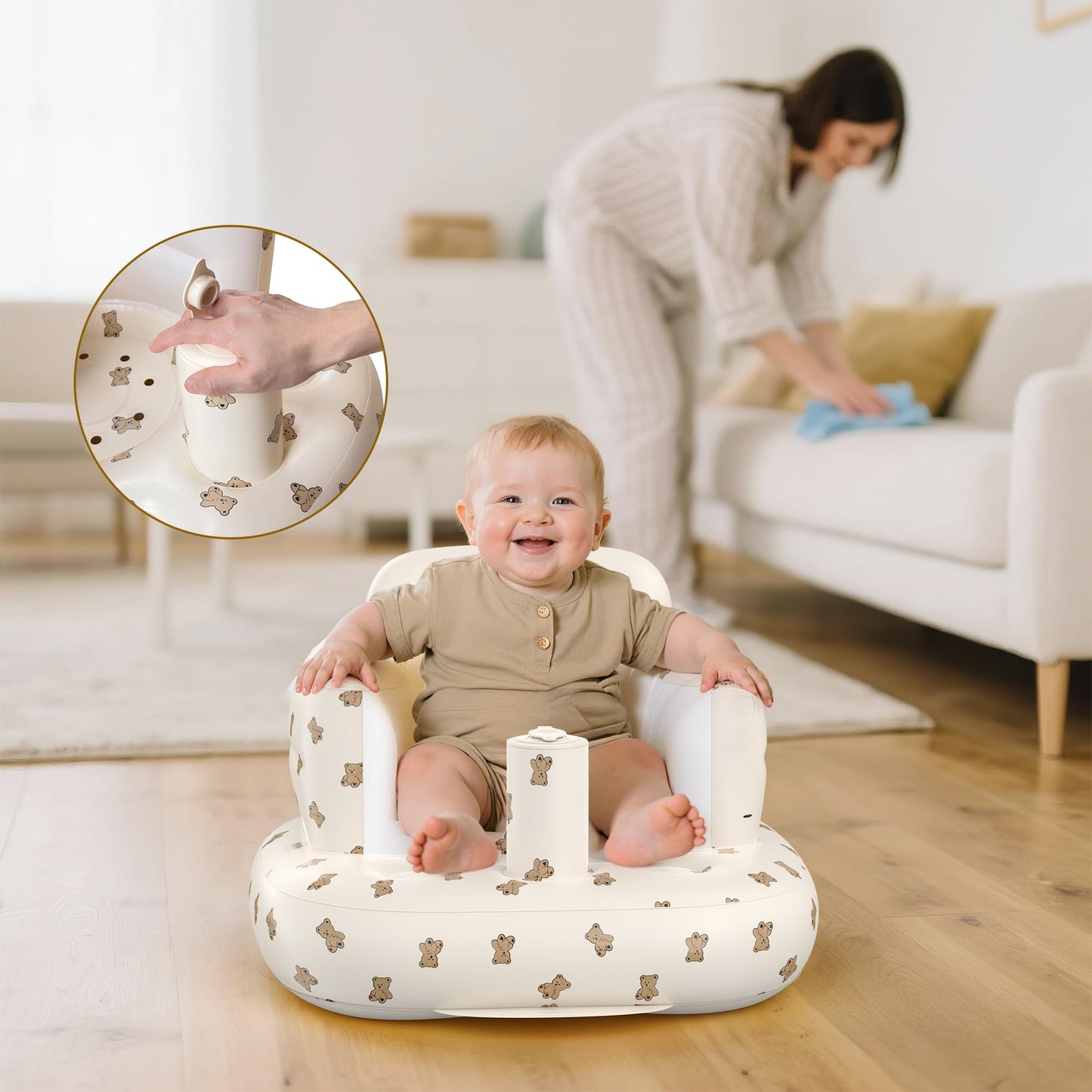 Mink Inflatable Baby Seat for Babies 3+ Months,Infant Floor Seats for Sitting Up,Portable Blow Up Baby Chair with Built in Air Pump, Ideal for Sitting Up and Learning to Play (Bear Cub)