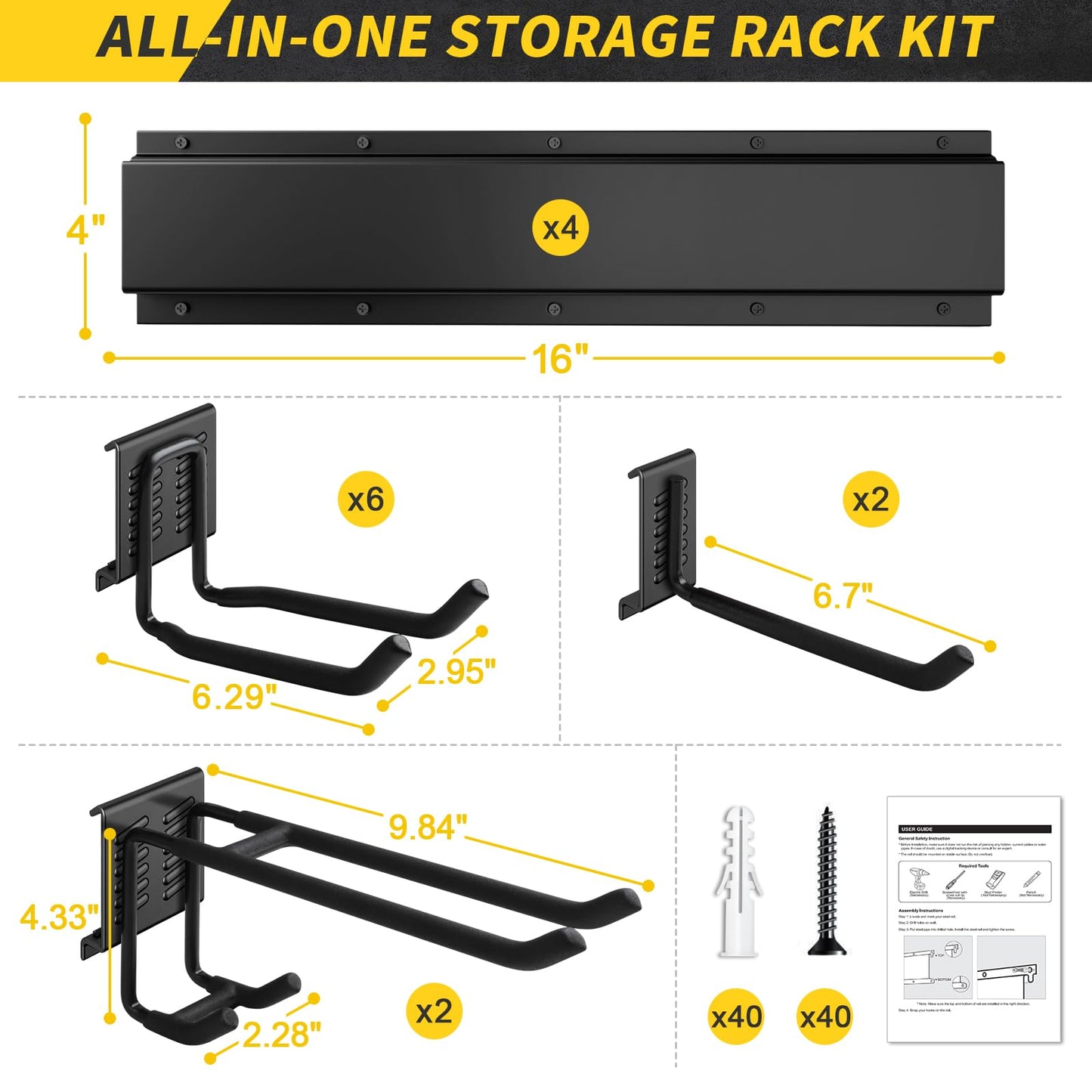 UUP 64 Inches Garage Storage, Garage Organization, Wall Mount Garden Tool Organizer, Max 620lbs Adjustable Metal Hooks, Yard Shed Rack, Tool Holder for Hanging Rake Broom Mop Snowboard, Home Gift