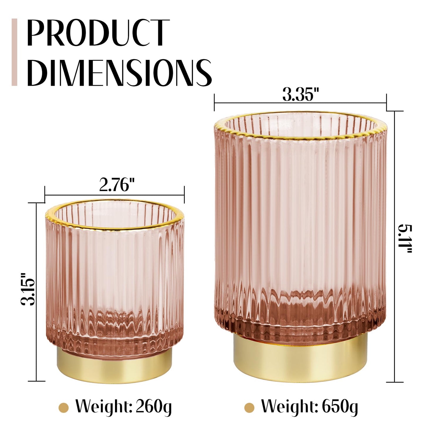 FullMeet Makeup Brush holder Organizer, Crystal Glass Toothbrush Holders, Striped Make Up Brush Holder for Vanity, Pen Holder for Desk, Vase -Pink (S+L)
