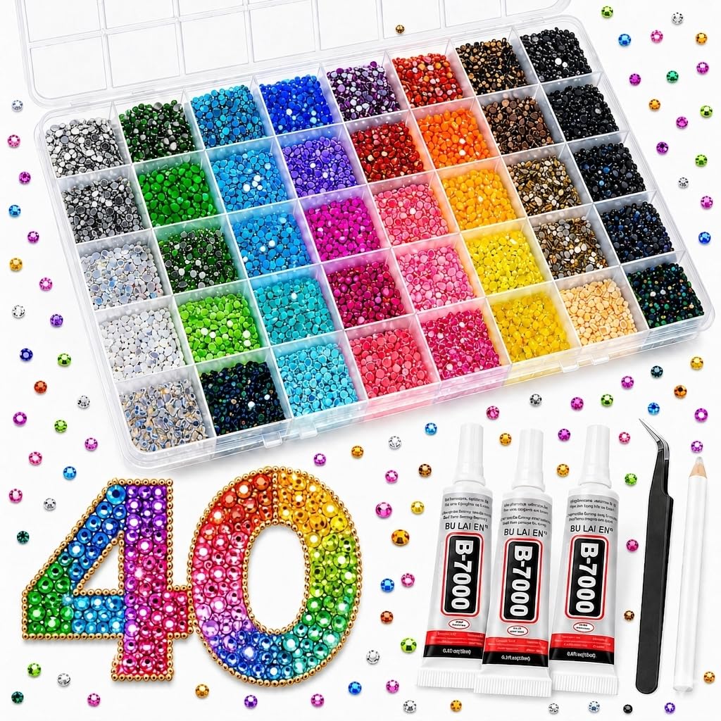 Resin Rhinestones 32000Pcs 40 Colors 3mm Flatback Gems, Bedazzling Kit with B7000 Glue, Jelly Rainbow Crystals for Nail Art, Crafting, Book, Clothes, Shoes, Diamond Art