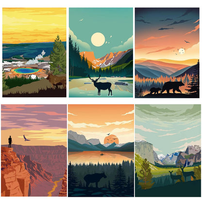 6 Packs Paint by Numbers for Adults Beginners, National Park Painting by Number Kits on Canvas Without Frame, Yellowstone Grand Teton Yosemite Lanscape Craft Arts for Home Wall Decor 9.8x13.8inch