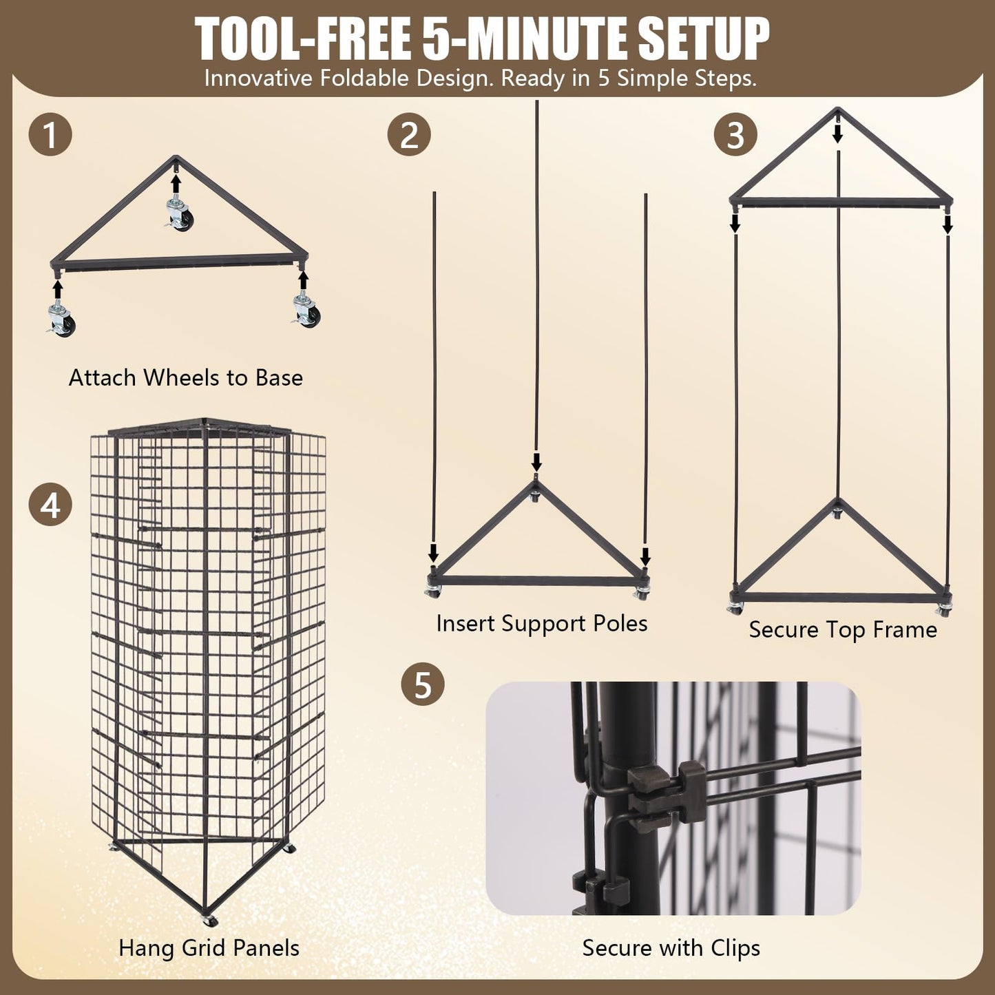 MEIHAOME Grid Wall Panels Foldable Gridwall Display Stand 3-Sided Triangular with Wheels, Rolling Wire Grid Tower for Craft Show, Retail & Vendor Event(24" x 68")