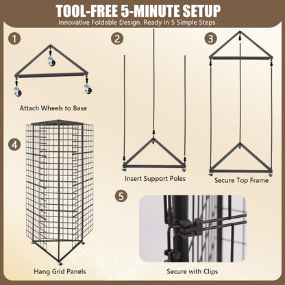 MEIHAOME Grid Wall Panels Foldable Gridwall Display Stand 3-Sided Triangular with Wheels, Rolling Wire Grid Tower for Craft Show, Retail & Vendor Event(24" x 68")