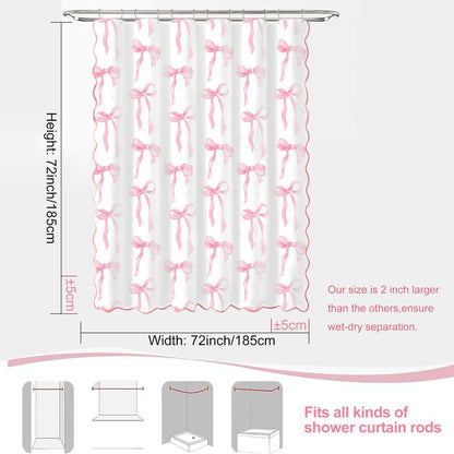 MUGINYU Girls Pink Bow Shower Curtain with Scalloped for Preppy Bathroom Decor,Cute Ruffle Girly Shower Curtains,Coquettecute Chic Aesthetic Shower Curtain Set with Hooks 72x72 Inch