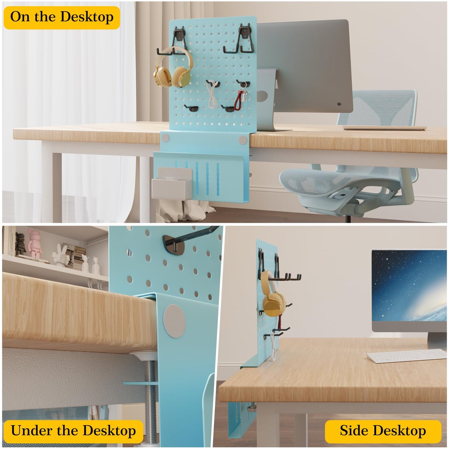 Desk Side Storage Under Desk Laptop Holder, No Drill Hanging Desk Organizer with Pen Holder, Clamp-On Table Side Tray Desktop Organization Mount for Office and Home (White)