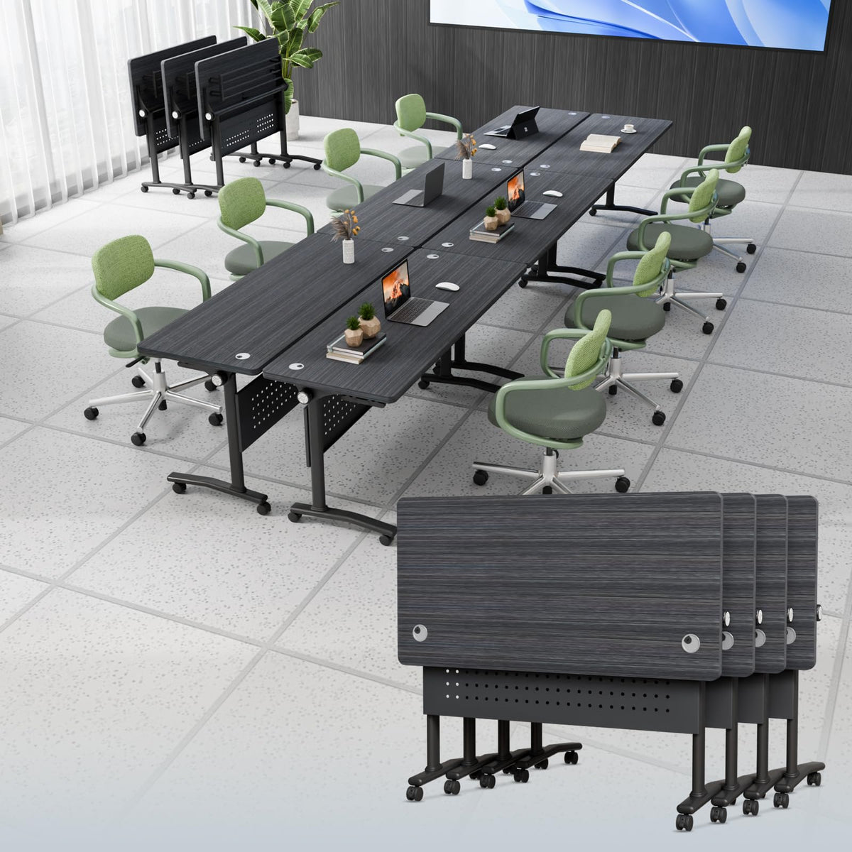 rzoizwko 4 Pack Folding Conference Table with Wheels,Heavy-Duty Flip-Top Foldable Conference Training Table System,Rolling Conference Room Tables for Office, Classroom Meeting Rooms