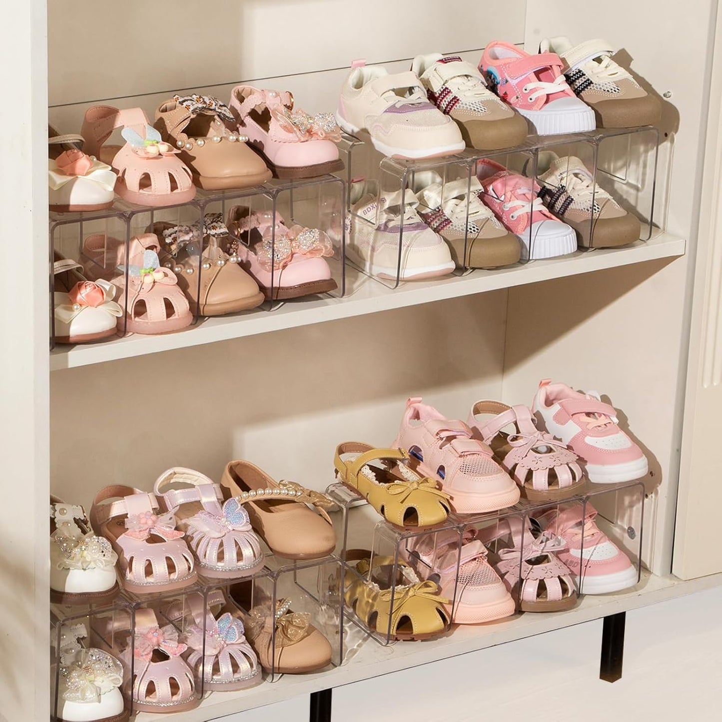 2PACK Closet 4 Clear Acrylic Kids Shoe Rack for Organizers and Storage, Small Clear Shoe Rack Sections Toddler Baby