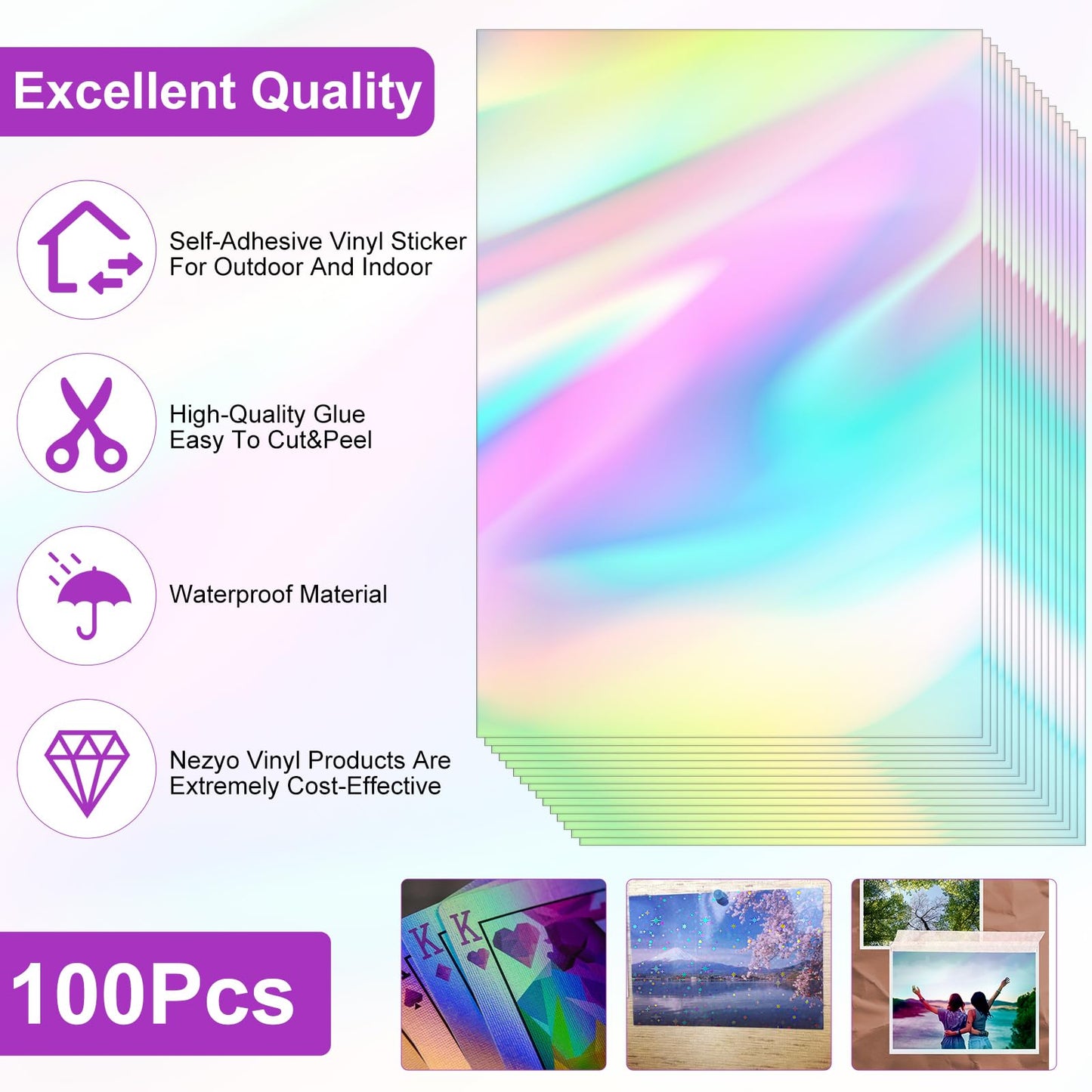 Kifmurase 100 Sheets Holographic Sticker Paper, Holographic Clear Vinyl Laminate Film, Transparent Overlay Lamination Sticker, Self-Adhesive Waterproof Rainbow Laminating Sheets with A4 Size