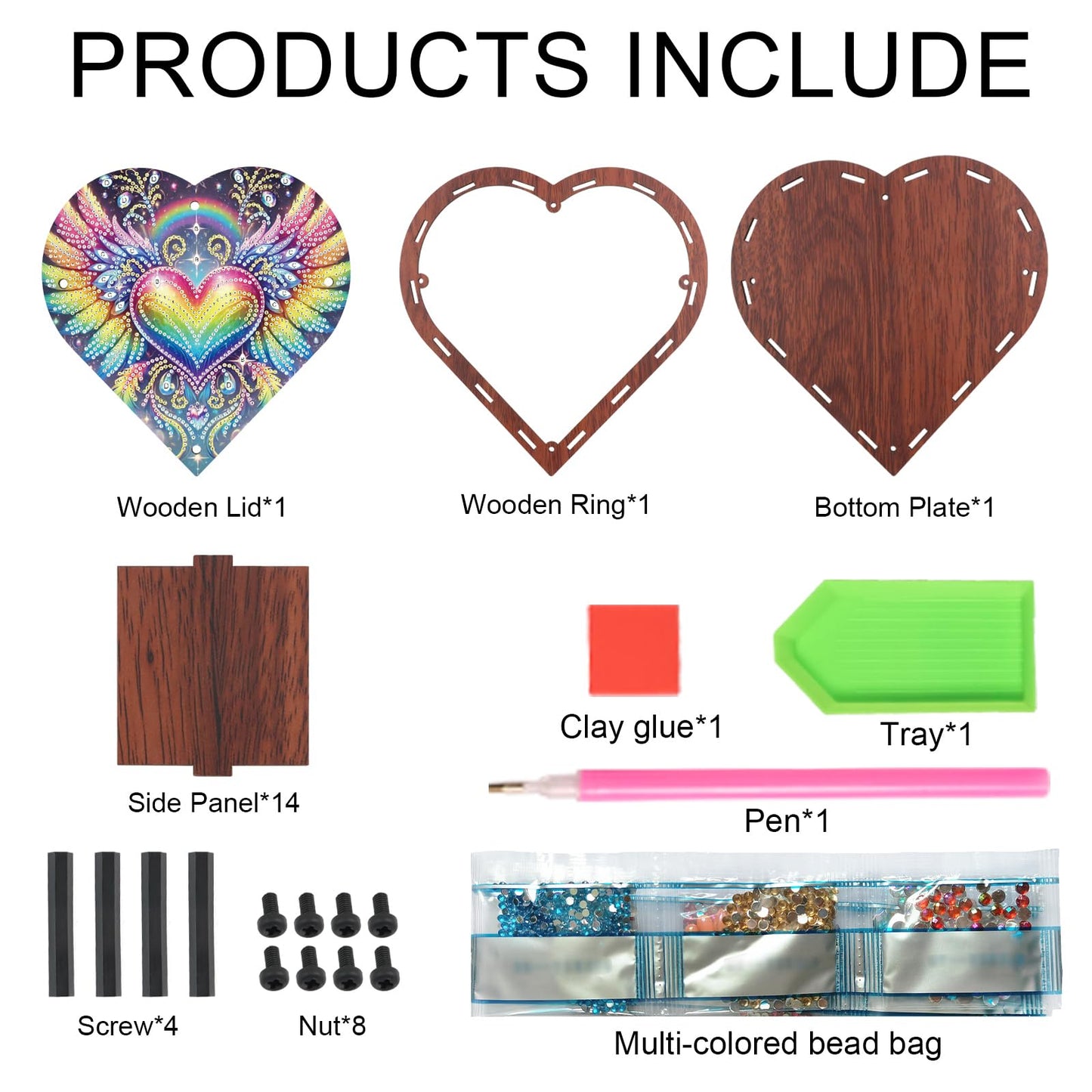 DIY Diamond Painting Storage Box Kit – Heart-Shaped Wooden Special Shaped Crystal Rhinestone Art Organizer, Decorative Gift Case for Jewelry, Accessories & Desktop Display (Heart Wing)