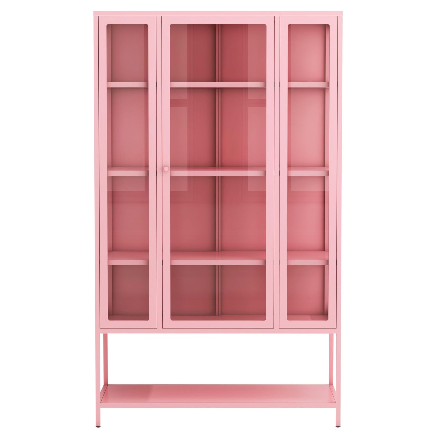 Merax 67" Tall Glass Display Cabinet with Adjustable Shelves and LED Lights, for Collectibles, Modern Steel Storage Curio Cabinet with 3-Sided Glass Display Case for Home Office Study Room, Pink