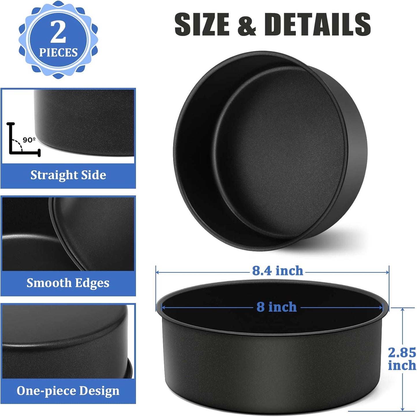 P&P CHEF 8 x 3 Inch Nonstick Cake Pan Set of 2, Round Baking Pans for Birthday & Wedding Layer Cake