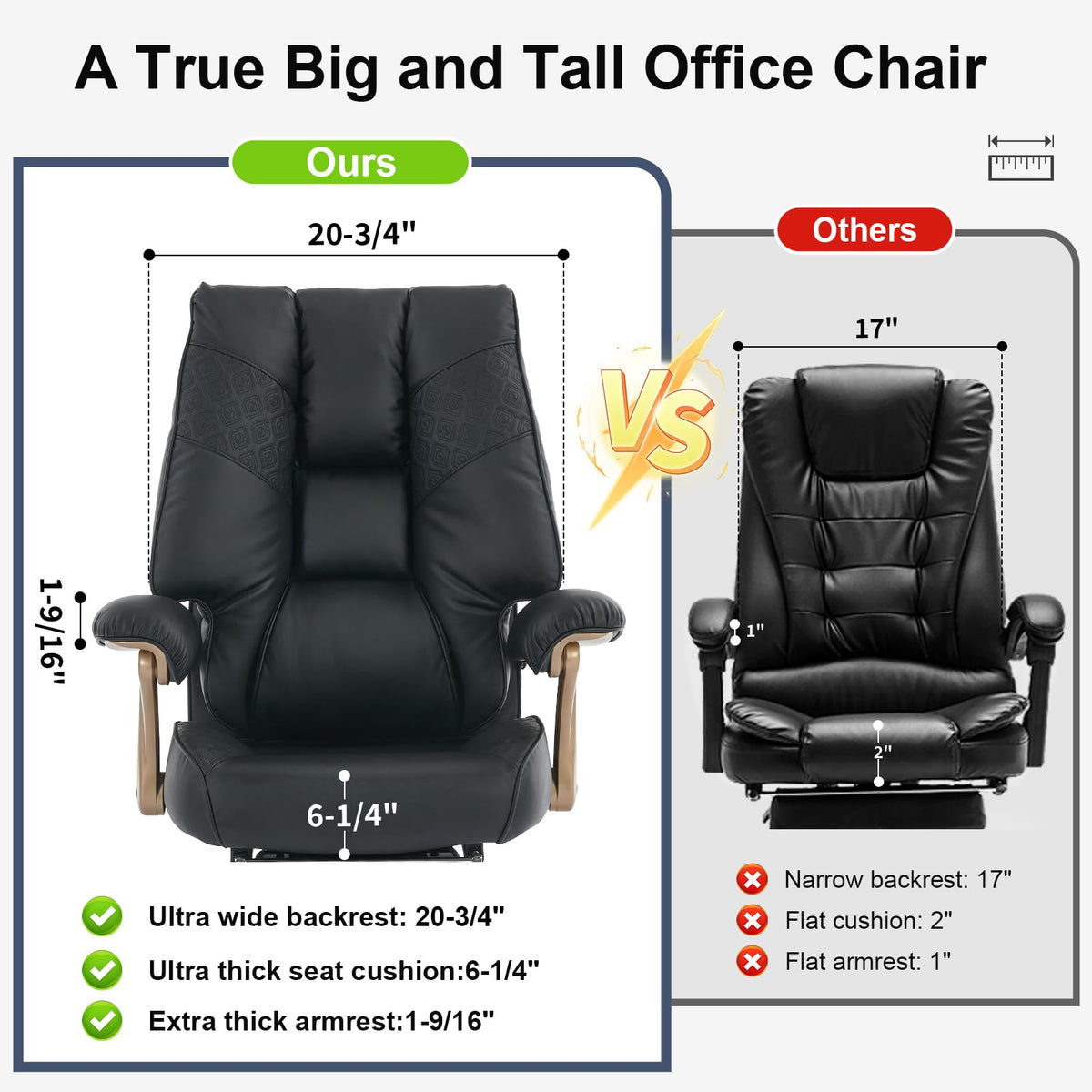 EXCEBET Big and Tall Executive Office Chair with Footrest, 400LBS Capacity Ergonomic High-Back Desk Office Chair with Lumbar Support, Padded Armrests & Thick Cushion, Black PU Leather Chairs