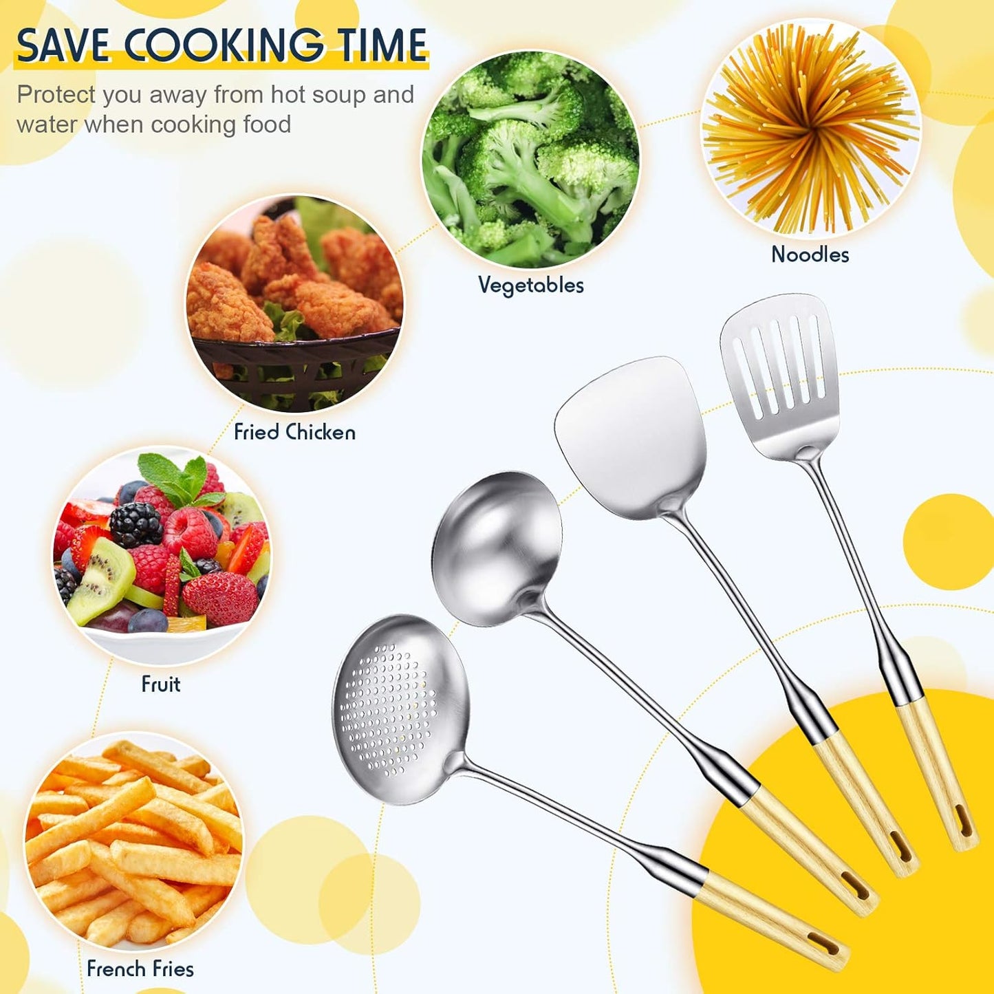 Stainless Steel Kitchen Cooking Utensils Set, Specialty Chinese Wok Utensils with Skimmer, Slotted Spoon, Spatula Turner