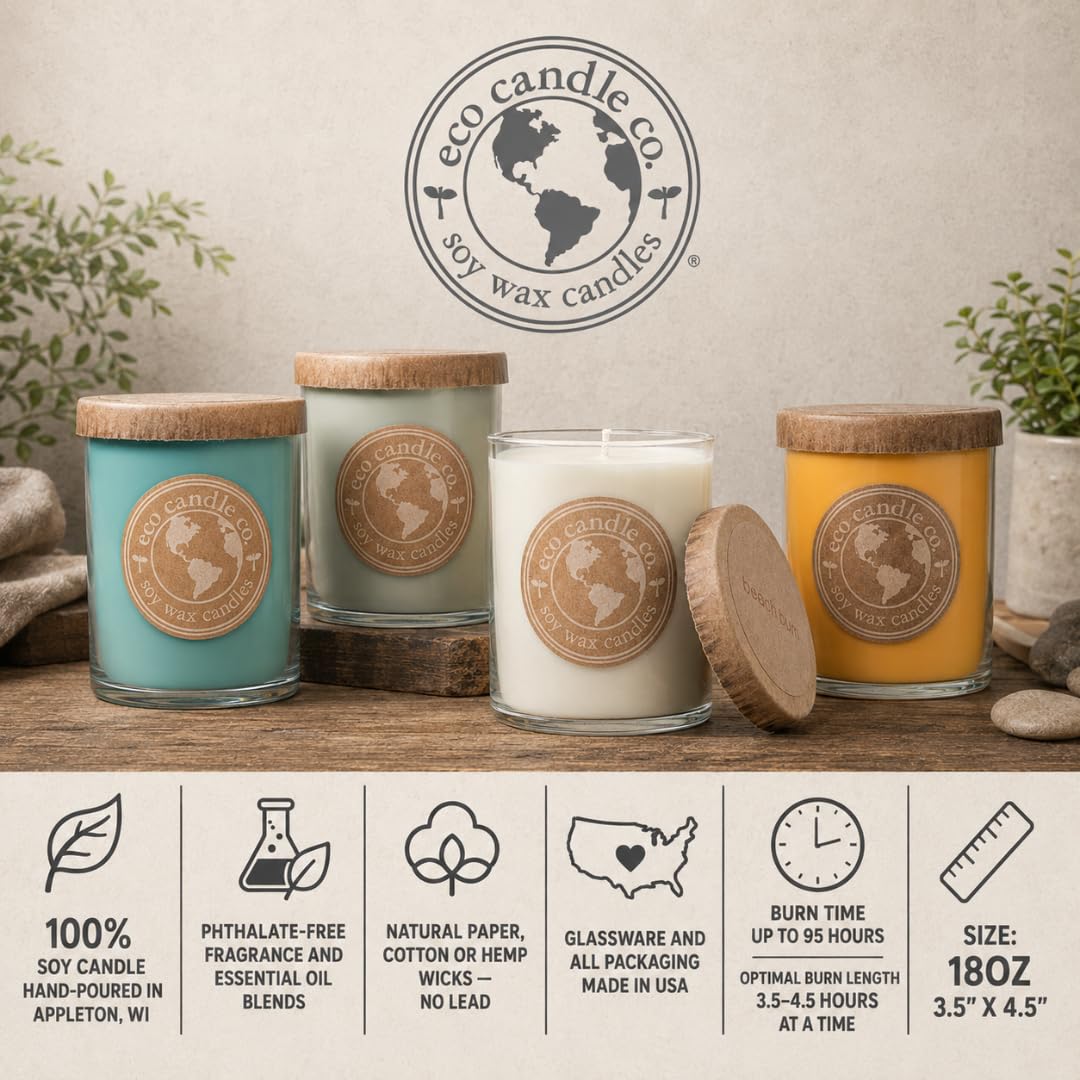 ECO CANDLE CO. Recycled Candle, Caramel Rum Cake, 18 oz. Double Wick - Scents of Caramel, Rum, Maple, Almond, Pear, & Vanilla - 100% Soy Wax, No Lead, Kraft Paper Label & Lid, Hand Poured